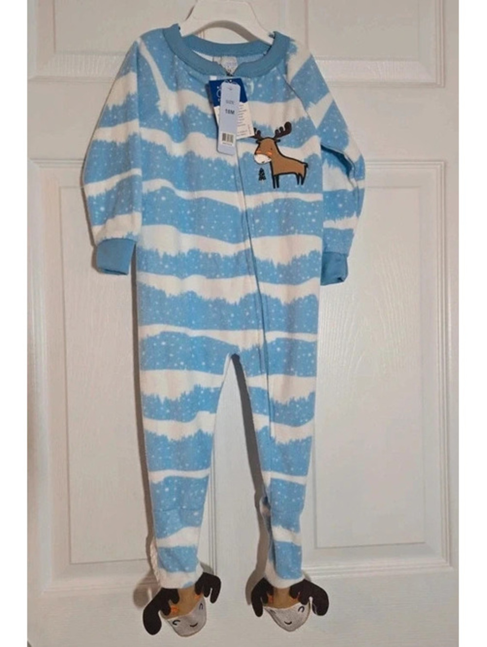 Mon petite blue and white striped sleeper with moose.